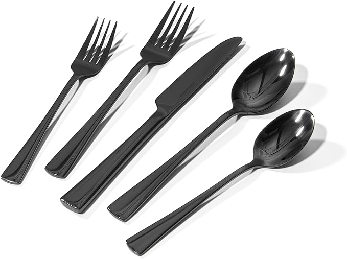18/10 Flatware set for 8, 40 Piece Black Stainless Steel Silverware Set | KINGSTONE Forged Flatware Cutlery Set, Mirror Polished Knives Fork and Spoon Utensils, Dishwaher Safe for Home Wedding Party