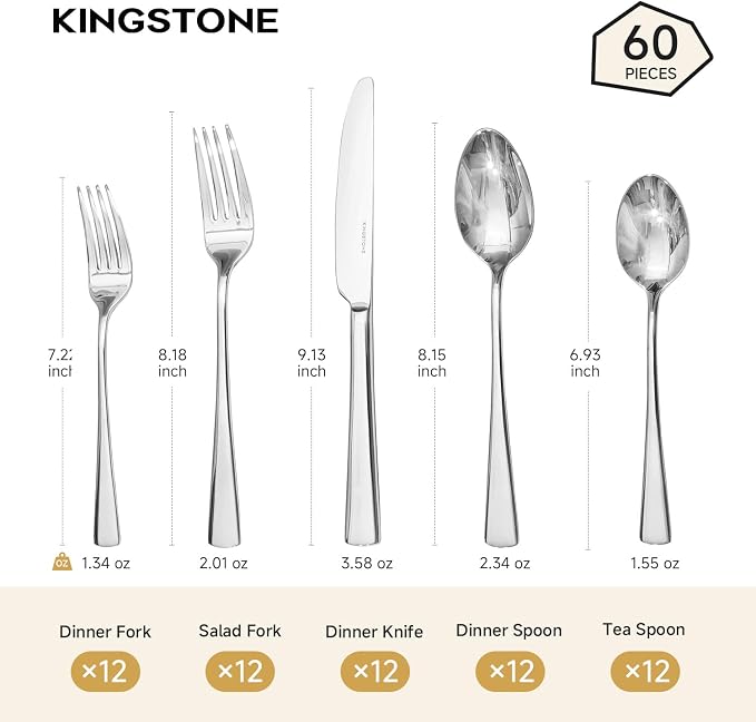 18/10 Flatware set for 12, 60 Piece Stainless Steel Silverware Cutlery Set | KINGSTONE Forged Cutlery Set, Mirror Polished Knives Fork and Spoon Utensils, Dishwaher Safe for Restaurant, Wedding, Party