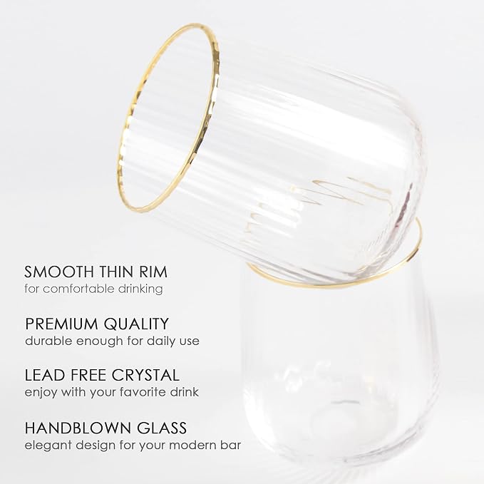 Lysenn Stemless Wine Glasses Set of 4, for Red & White Wine, Gold Rim, 15oz | Hand Blown, Premium Quality, for Dinner Table, Celebration, Holiday Entertaining, Bar Carts and Home Bars, Ideal Wedding Gift