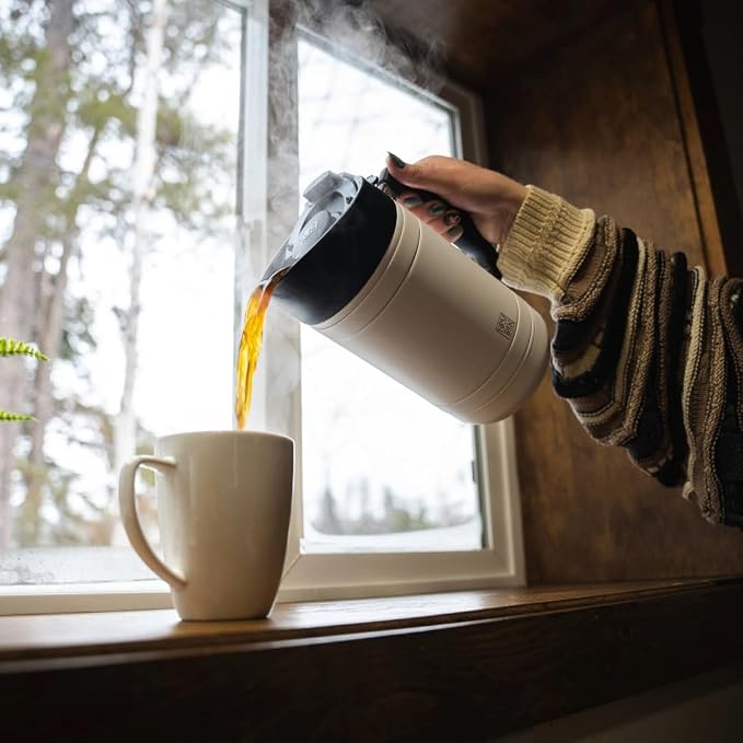 BruTrek by Planetary Design | BaseCamp French Press | 32 fl.oz - White | Insulated Stainless Steel - Bru-Stop Technology, No Grounds in Coffee, No Spill Lid (Snowflake White, 32 fl.oz)
