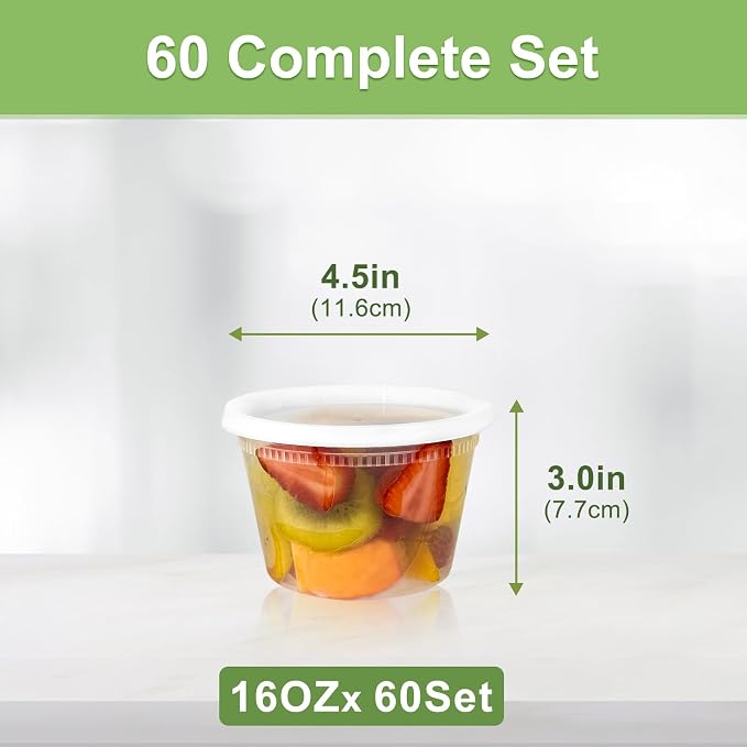 Dipoo 60 Sets (120-Piece) Deli Containers with Lids 16 oz | Leak-Proof & BPA Free Airtight Takeout Plastic Food Storage Containers for Soup, Freezer/Microwave/Dishwasher Safe