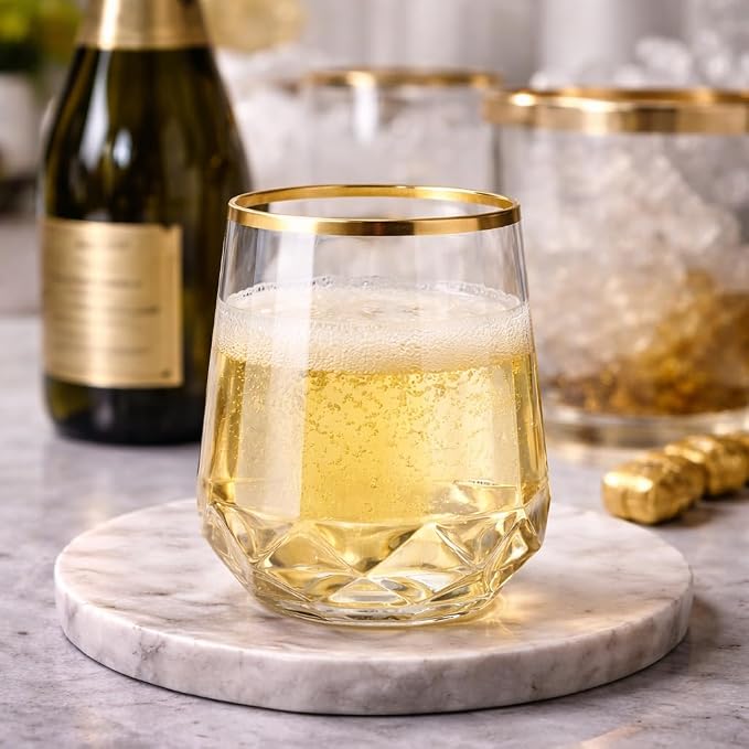 Oojami 40 Pack Disposable Plastic Wine Glasses 12oz Gold Rim - Diamond | Stemless Cocktail Glasses, Champagne Whiskey Wine Cups, BPA-Free Shatterproof Unbreakable Reusable Recyclable, Wedding Party
