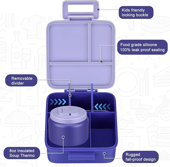 MAISON HUIS Bento Lunch Box with 8oz Soup Thermo, 5-Compartment Leak-Proof Container, Thermo Hot Food Jar and Insulated Lunch Bag, BPA Free,Travel, School (Purple)