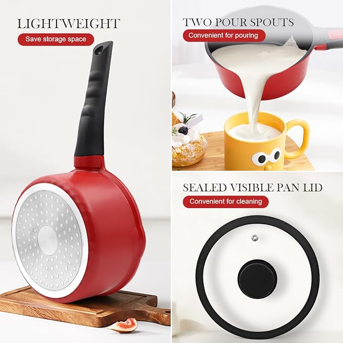 2.5 Qt Non Stick Sauce Pan with Lid, Nonstick Sauce Pot & Saucepan with Pour Spout, Milk Pan Pasta Pot, Mini Cooking Pot Induction Compatible, Detachable Handle, Oven Safe, PFOA Free, Red | Milk pan with removable handle. Suitable for all types of cook...