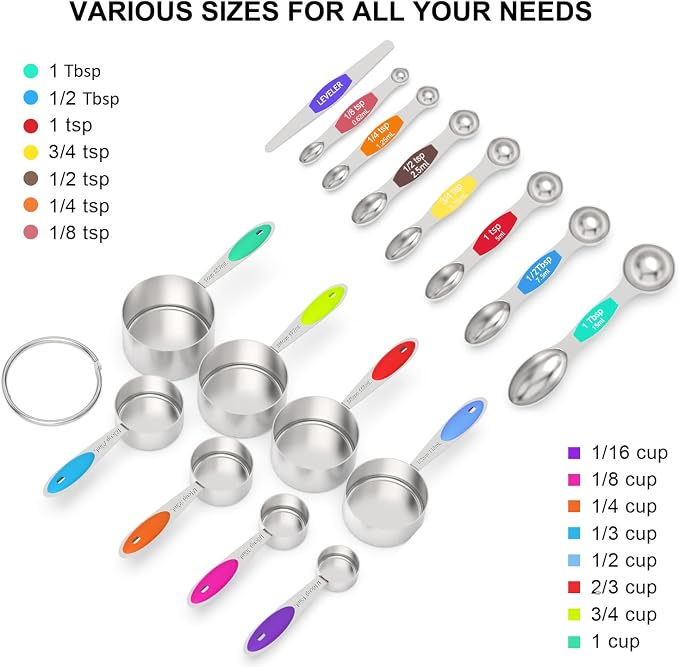 Wildone Measuring Cups and Magnetic Measuring Spoons Set, 21Pcs | 8 Stainless Measuring Cups, 7 Magnetic Measuring Spoons, Leveler & 5 Mini Spoons for Spice Jar and Liquid, Multicolor