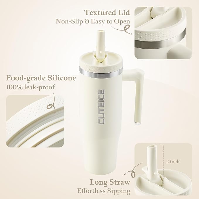 Cream 30 oz Insulated Tumbler with Handle Coffee Tumbler Cups with Lid and Straw, Leakproof Insulated Cup Stainless Steel Travel Mug Water Bottle for Iced Tea, Coffee, Cold Beverages for Car Office