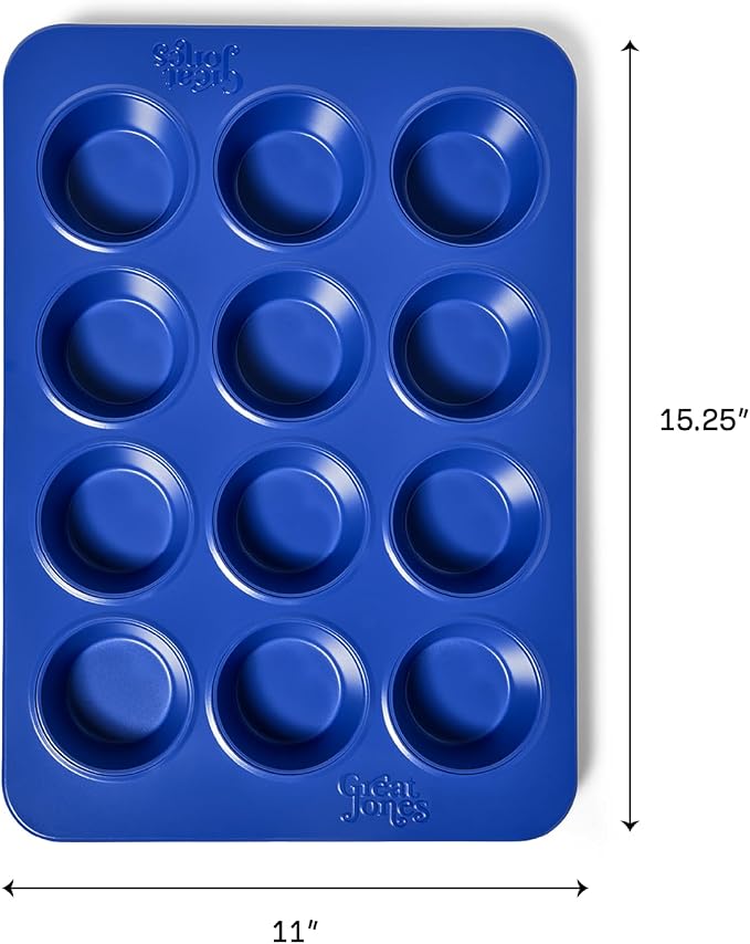 Great Jones Nonstick 12-Cup Muffin Pan (Blueberry) | Non Toxic | Blue Cupcake Pan with Dual-Layer Nonstick Coating | Oven-Safe to 450°F | Warp-Resistant & Easy Cleanup