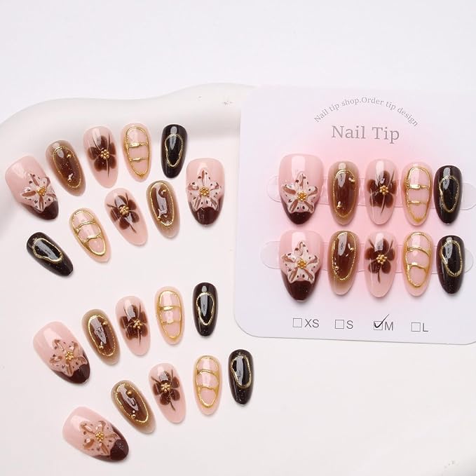 3D Flower Press On Nails Medium Almond Fake Nails Nude Brown Nails with Floral & Gold Pearl Design Full Cover False Nail Tips Chrome Line Vintage Fall Glue on Nails for Women Acrylic Manicure 30Pcs