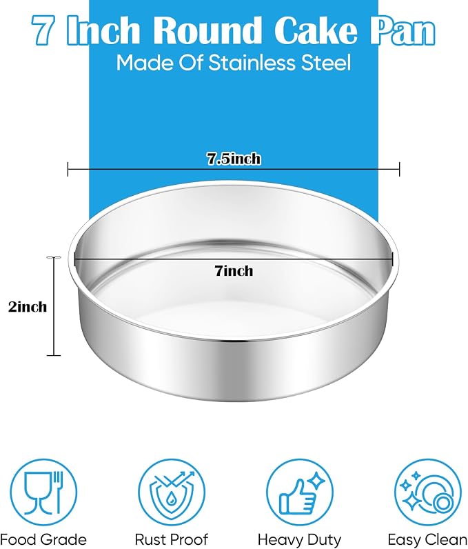 TeamFar 7 Inch Cake Pan, Stainless Steel Round Layer Cake Baking Pan | Baking Tin for Birthday Wedding, Non-Toxic & Heavy-Duty, Mirror Finish & Leak Proof, Oven & Dishwasher Safe