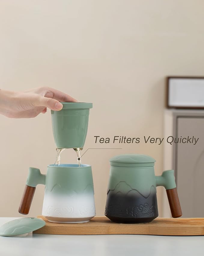 ZENS Tea Infuser Mug with Lid & Coaster, 15oz Loose Tea Diffusers, Moss | Embossed Ceramic Tea Cup with Infuser for Loose Leaf Tea Steeper, Tea Lovers Gifts, Nature Wood Handle