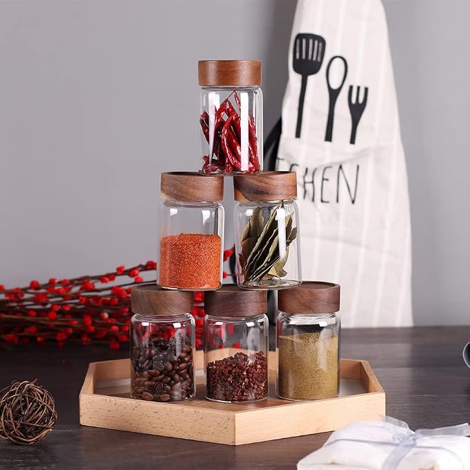 SAIOOL 6 Pcs Small Glass Spice Jars with Label,High Sealing Threaded Mouth,with Black Printed Spice Labels - 8.79oz /260ml*6,Empty Cylinder Spices Bottles,Storage Jars with Airtight Screw Lids | With Label, 8.79oz/260ml