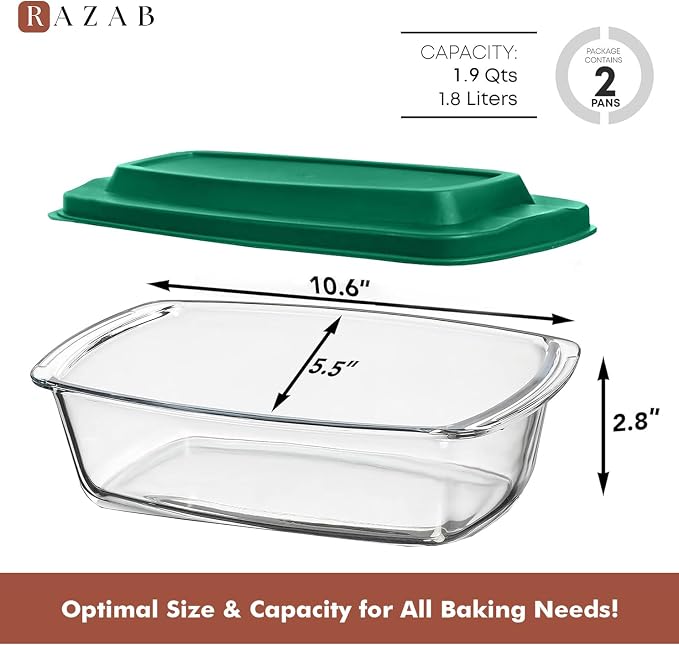 Razab LARGE 7.6 Cups/1800 ML/1.9 Qt Glass Loaf Pan with Lids (Set of 2) - Meatloaf Pan BPA free Airtight Lids Grip Handle Easy Carry, Microwave and Oven Safe - Loaf Pans For Baking Bread, Cakes