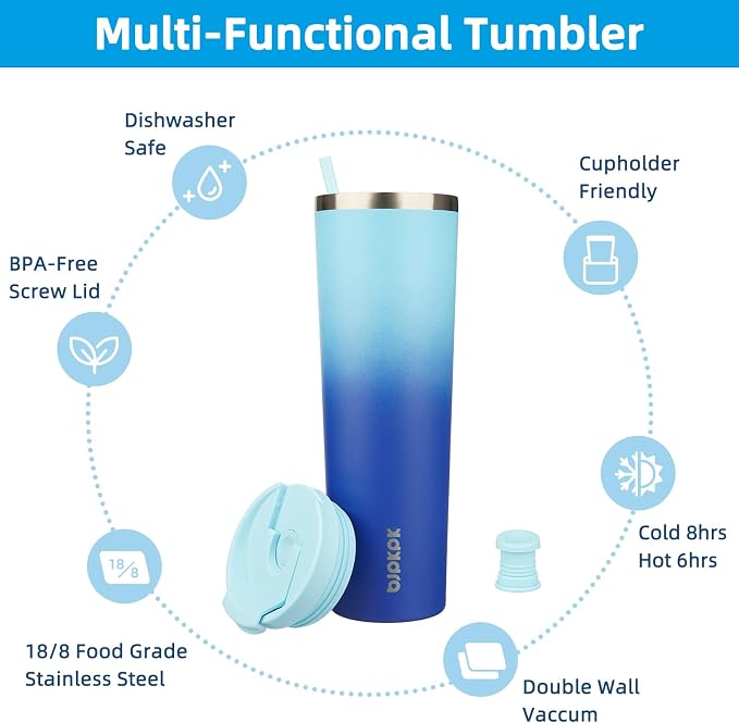 BJPKPK 34oz Coffee Tumbler with Straw, Insulated Stainless Steel Cup | Double Wall Vacuum, Leak Proof Lid, Keeps Hot/Cold/Iced, BPA Free, Dishwasher Safe, Travel & Outdoor, Sky