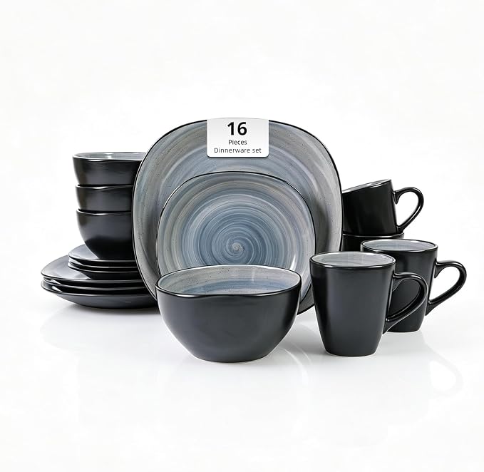 HomeVss, Stoneware Square 16pc Dinnerware Set, Inside Spinwash Swirl Grey + Outside Black