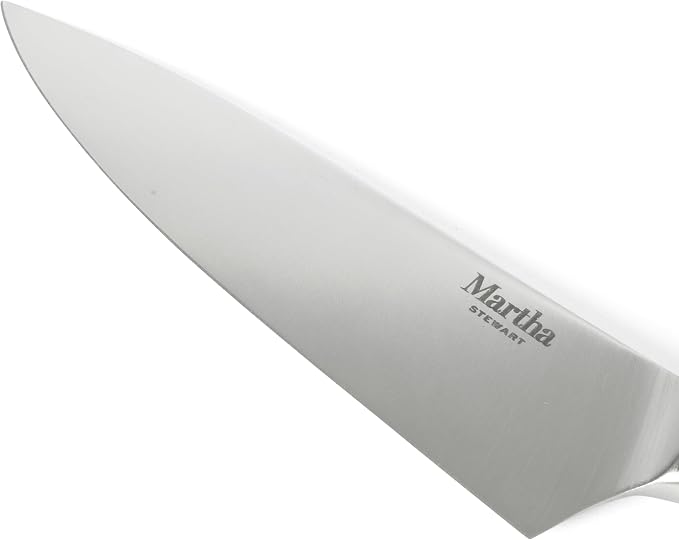 Martha Stewart Greeley Forged High Carbon Stainless Steel 14 Piece Knife Block Set, Linen White Kitchen Knife Set with Acacia Wood Block, Chef Knife, Bread Knife, Steak Knives