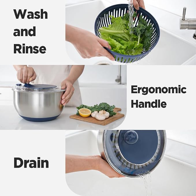 Stainless Steel Salad Spinner, 5.3 Qt Lettuce Spinner with Non-Slip Base, Drain and Stop Button, Fruit and Vegetable Washer and Dryer Spinner, Blue