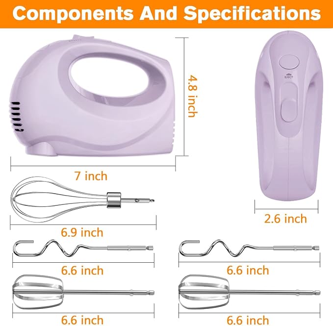 Showvigor Electric Hand Mixer with 5 Stainless Steel Whisks,5 Speed,Violet | Portable Kitchen Mixer Electric Whisk, Food Beater for Whipping Mixing Cookies