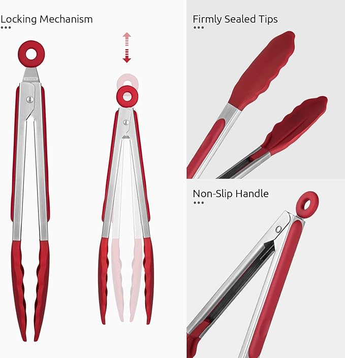 U-Taste Kitchen Tong for Cooking, 600ºF Heat-Resistant Silicone, 9in/Red | Rubber Tong for Serving Food, Salad/Grill/BBQ/Steak/Pasta Silicon Tongs, 18/8 Stainless Steel Handle & Smooth Locking