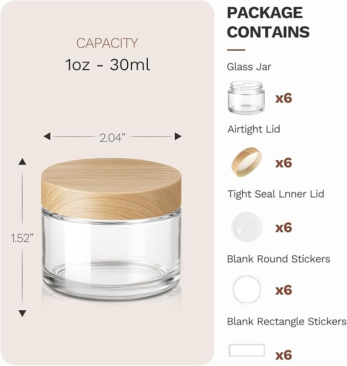 1 oz Clear Glass Jars with Lids, 6 Pack Small Sample Cosmetic Container | Leakproof, Refillable, Travel-Size, Mini Empty Jar with Labels for Lip Balm, Creams, Lotions, Samples and Homemade Skincare