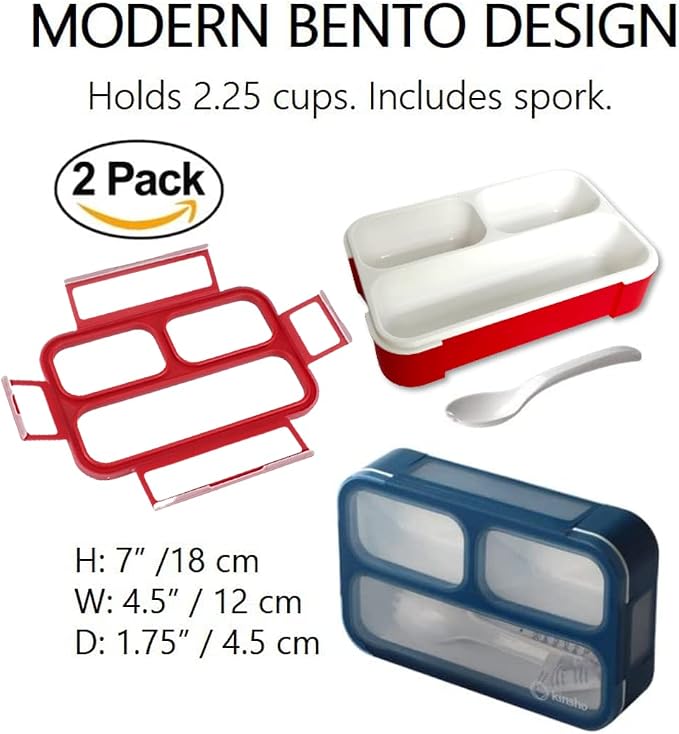 kinsho Small Snack Containers for Kids Toddlers, Set of 2 (Red + Navy Blue) | 3 Compartments, Leak-Proof, Spill Proof, BPA-Free Reusable Small Mini Bento Lunch Box for Daycare School Travel, Holds 2 Cups