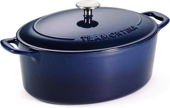 Tramontina Bestow Enameled Cast Iron 7-Qt Oval Dutch Oven Pot with Lid | Great for Braising, Roasting and Bread Baking - Blue