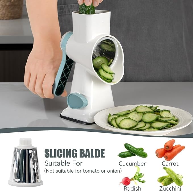 Rotary Cheese Grater Hand Crank White - Shredder Slicer Grinder 3 Stainless Steel Blades, Stable Suction, Labor-Saving Handle, Safe Kitchen Tool for Cheese, Vegetable, Nuts, Chocolate
