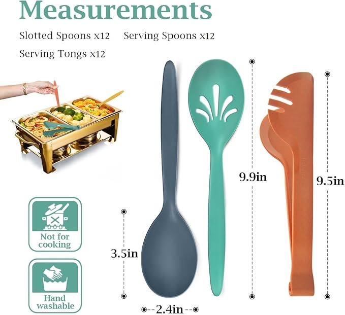 Reusable Plastic Serving Utensils Set of 36, 10" Wheat straw Large Serving set Serving Spoons/Slotted Spoons/Tongs, for Party Buffet Catering (Orange/Blue/Yellow/Green, Not for Cooking)
