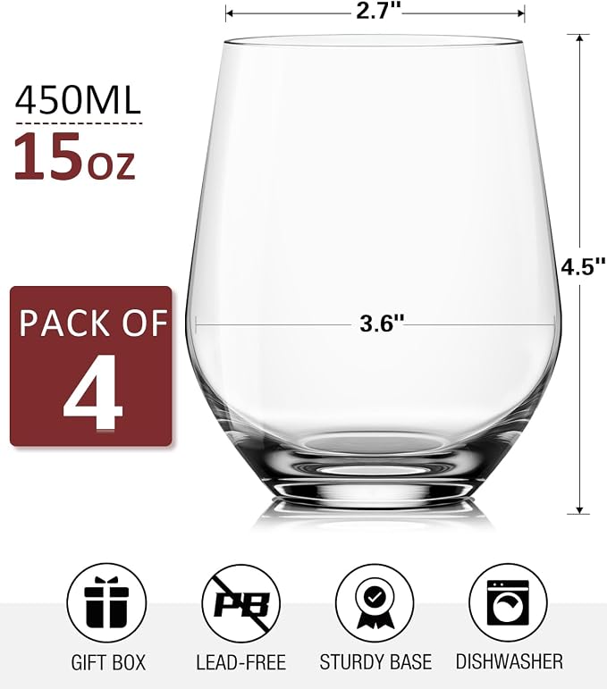 OJA Wine Glasses Set, Crystal Stemless Red Wine Glass, Set of 4, 15 oz | No Stem, Clear, Sturdy Drinking Glass for White Wine, Daily Use, Birthday, Wedding, Home Party, Anniversary, Shower Gift