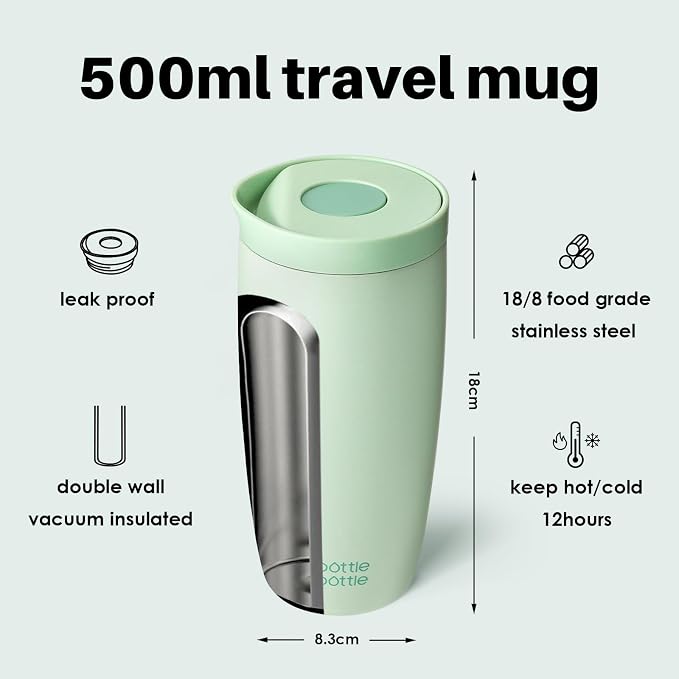 BOTTLE BOTTLE Insulated Coffee Tumbler with Push Button Lid 16oz(Green) | Leakproof,Stainless Steel Travel Mug,Keeps Drinks Hot & Cold for 6 Hours,for Office & On the Go