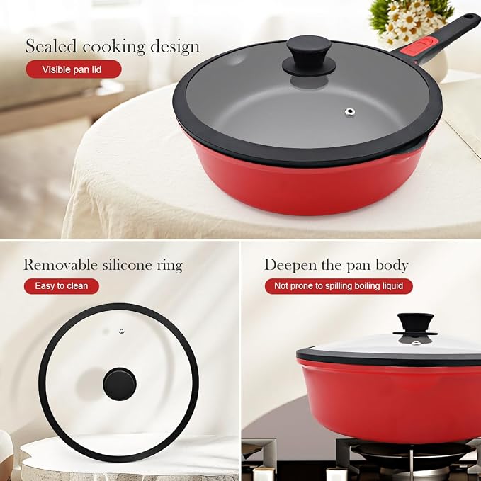 Small 8 Inch Frying Pan Skillet with Lid, Non Stick Saute Pan, Egg Pan Nonstick with Detachable Handle, Induction Compatible, Oven Safe, PFOA PFOS APEO Free, Red