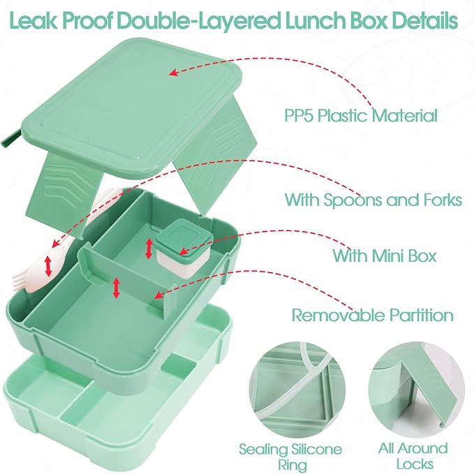 PainZieteg Lunch Box for Girls with 10oz Thermo 6 Compartment Bento Set | Nylon Insulated Lunch Bag with Adjustable Strap, Ideal for Kids, Teens School, Travel, Picnic, Leakproof Thermal Pouch, Green