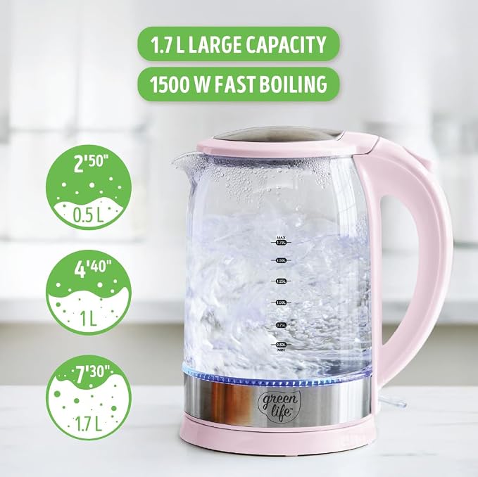 GreenLife 1.7 Liter Electric Glass Kettle, Pink | Glass Body, Auto Shutoff, Thermal Shock Resistant, Quick Heating, Easy One Touch Use, Cordless Serving, LED Base, Coffee/ Tea