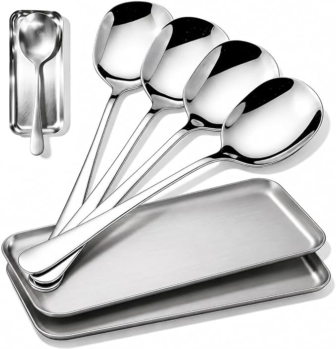 4-Piece Serving Spoons Set with 2 Spoon Rests, 18/8 304 Stainless Steel, Large Buffet Serving Spoons, Heavy Duty Flatware Utensils for Banquet, Cooking & Kitchen