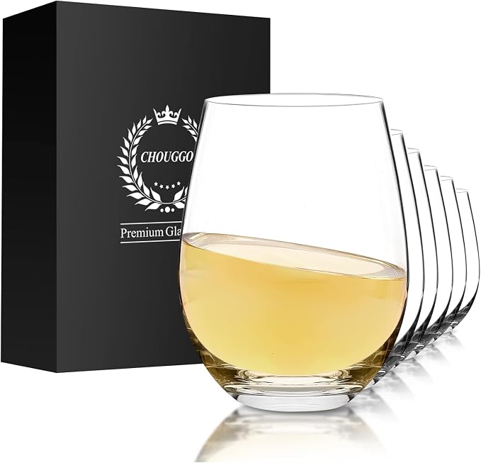 Chouggo Stemless Wine Glasses Set of 6, Hand Blown Premium Crystal Red Wine or White Wine Glass 18Oz - Hand Crafted by Artisans - Gifts for Women, Men, Wedding, Anniversary, Christmas, Birthday