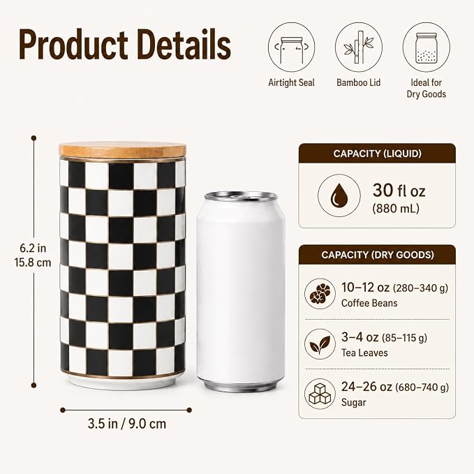 Kitchen Countertop Ceramic Checkered Canisters,Black And White Food Storage Containers With Lid,Airtight Kitchen Canisters for Flour, Sugar, Coffee, Tea, and Dry Goods (Black, Large)
