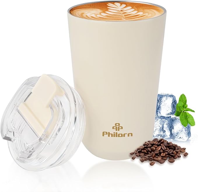 PHILORN Travel Coffee Mug, Coffee Cup-12 OZ Insulated With Lid | White Stainless Steel Coffee Mug with Double Wall, Thermal Cup for Hot & Cold Drinks