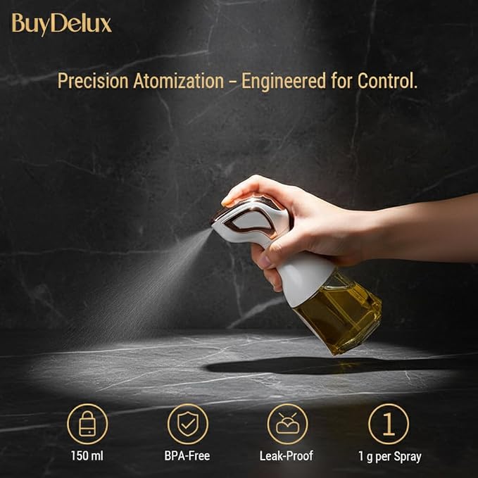 Continuous Mist Oil Sprayer 150ml with 2 Free Brushes for Cooking, Hair, Cleaning – Glass Olive Oil Dispenser, Refillable Mister for Air Fryer, Salad, BBQ (White Gold)