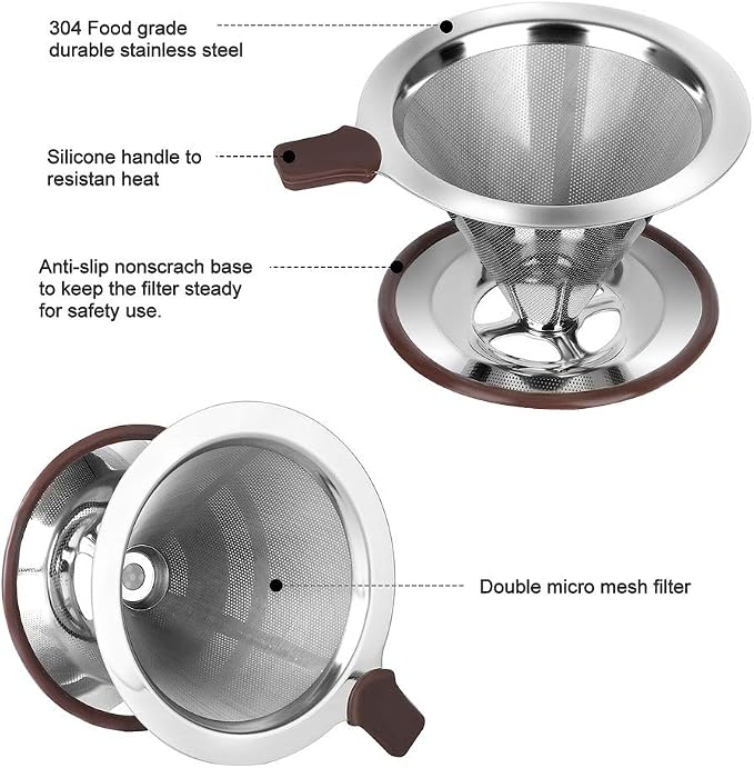Pour Over Coffee Dripper, Reusable 304 Stainless Steel Filter for 1-2 Cup | Dual 304 stainless micro mesh, silicone heat handle, anti-slip stand, paperless reusable, easy clean for travel camping