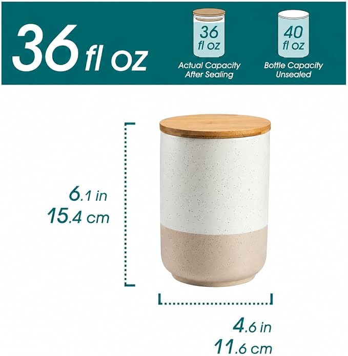 vancasso Sabine Ceramic Canister with Airtight Wood Lid - 36 oz Kitchen Storage Container for Coffee, Tea, Sugar, Nuts & Spices - Medium Countertop Jar