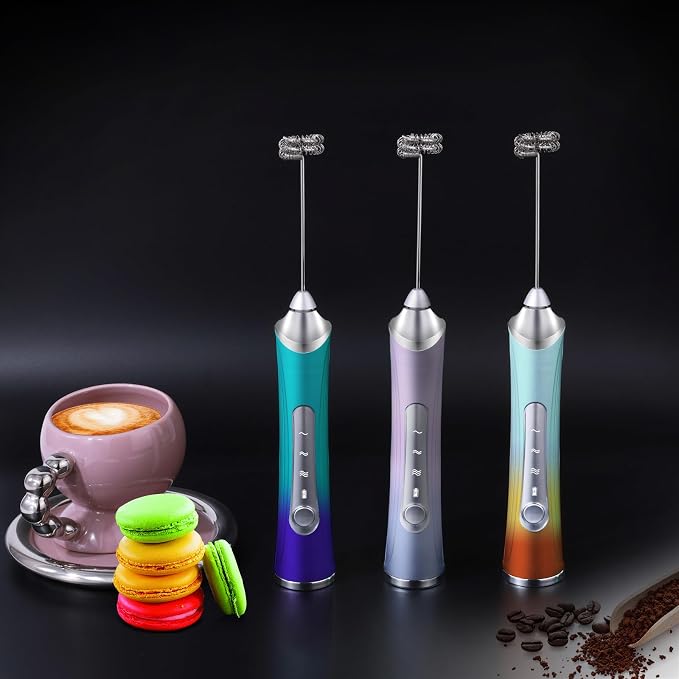 Rechargeable Milk Frother Handheld For Coffee,3 Speeds Frother Wand With Stand, Batidora De Mano Electrica,Coffee Frother With 2 Heads,Drink Mixer Electric Handheld,Kitchen Essentials (Colorful 2)