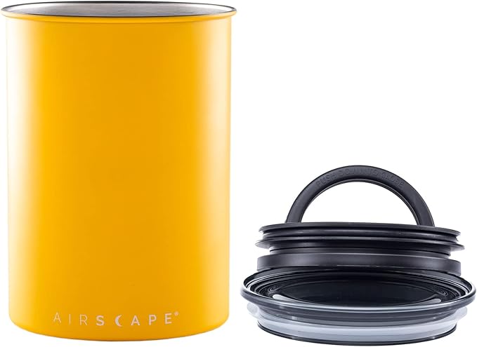 Planetary Design Airscape Stainless Steel Coffee Canister | Food Storage | Food Storage Container | US Patented Airtight Lid | Push Out Excess Air Preserve Food Freshness (Medium, Matte Yellow)