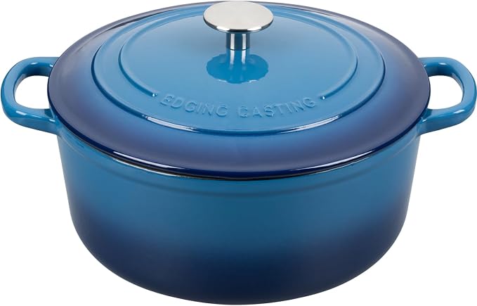EDGING CASTING Enameled Cast Iron Dutch Oven Pot with Lid, 7 Quart, Round Dutch Ovens for Bread Baking, Bread Oven, Oven Safe up to 500°F, Lake Blue