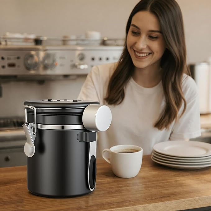 ShanSon Coffee Canister Airtight, Stainless Steel Bean Storage Container with Date Tracker & Scoop, Grounds Sugar Flour Tea Cereal Fits Kitchen Pantry, Ideal Gift for Coffee Lovers,22oz, Black