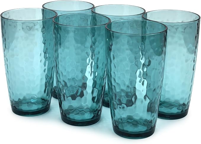 Yalin 20 Ounce Acrylic Drinking Glasses, Reusable Plastic Tumbler, Stackable, BPA-Free, Shatter Proof, Dishwasher Safe, Set of 6 Cups (Cyan)