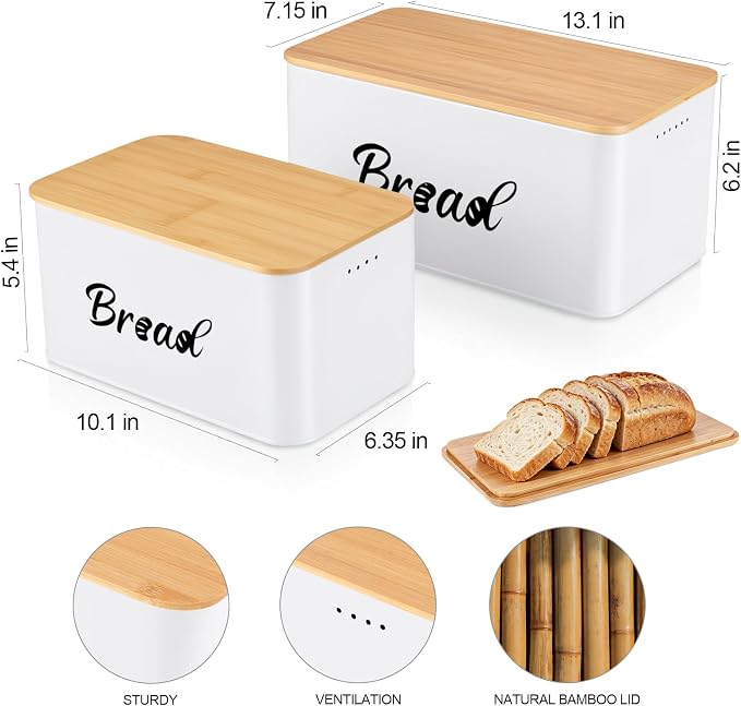 Metal Bread Box Set of 2 with Bamboo Lid, Modern Bread Storage Containers with Air Vents, Bamboo Cutting Board Lid, Farmhouse Kitchen Decor Organizer for Countertop, 2-Size (Large & Small)White