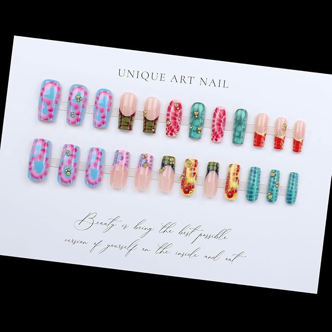 WLGDLH Leopard Print French Tip Press on Nails Medium Square Fake Nails Press ons Nail Tips Kit with Flowers Design Nude Glossy False Nails Full Cover 3D Gold Beads Glue on Nail for Women 24Pcs