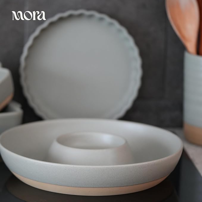 Mora Ceramic Chips and Dip Serving Tray: Large Divided Party Bowl Set for Chips & Salsa, Veggies & Dip, Fruit, Snacks, Entertaining, Hosting, etc. Minimalist Design for the Modern Hostess - Peppercorn