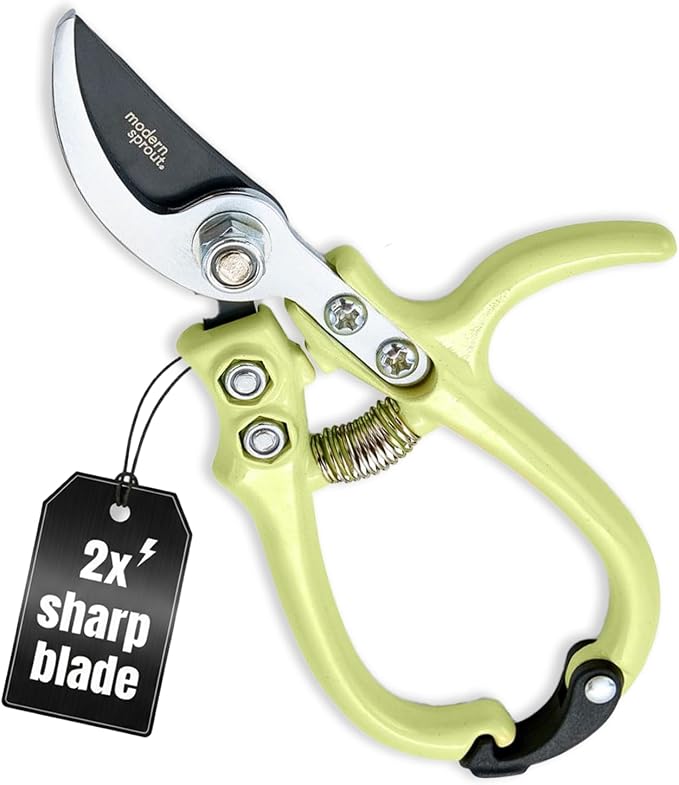 Modern Sprout Bypass Hand Pruners - Scissors - Gardening Tools - Chartreuse | Lightweight Pruning Tool W/ Easy-Lock - Sharp Bypass Carbon Steel Blade - Rust-Resistant - Reusable Holster for Storage