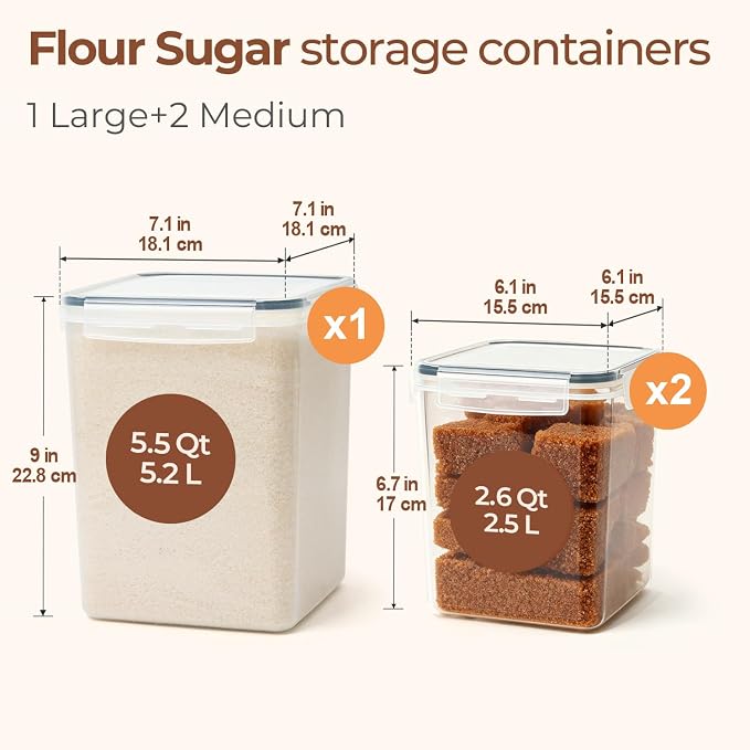 ComSaf Airtight Flour and Sugar Container 2.6Qt & 5.5Qt 3Pack, Wide Mouth | Plastic Food Storage Canister with Lid, Flour Sugar Cereal Rice Oats, Pantry Kitchen, Stackable Baking Supplies, Label, Scoop