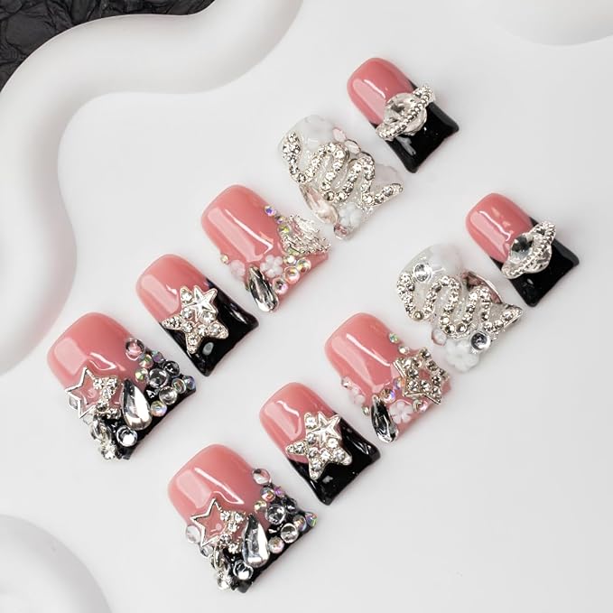 Handmade Press on Nails 3D Flower Nail Art Fake Nails Luxury Handmade Rhinestone & Stars Black French Tip Short Duck Acrylic Nail with Flower Design Thicked Stick on Nail for Women (M)